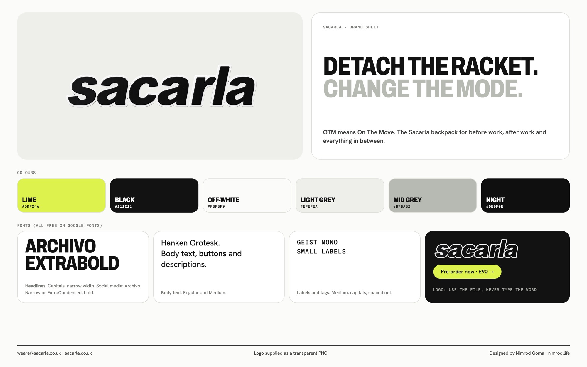 The Sacarla brand sheet: logo, tagline, colours and fonts