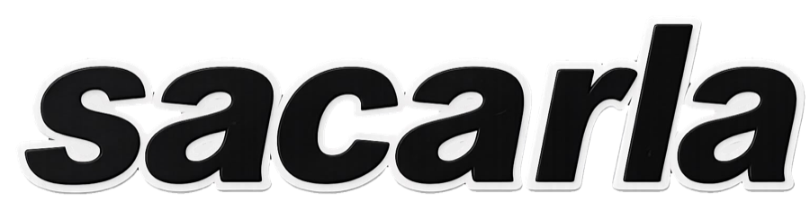 The Sacarla logo, black letters with a white outline